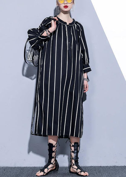 Simple O Neck Side Open Tunics Black Striped Cotton Robes Dress Summer
