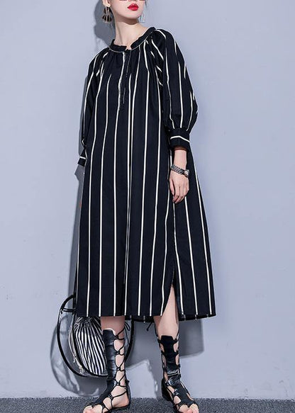 Simple O Neck Side Open Tunics Black Striped Cotton Robes Dress Summer