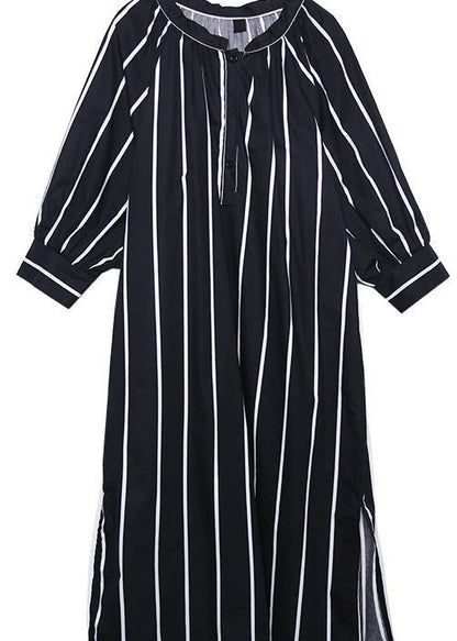 Simple O Neck Side Open Tunics Black Striped Cotton Robes Dress Summer