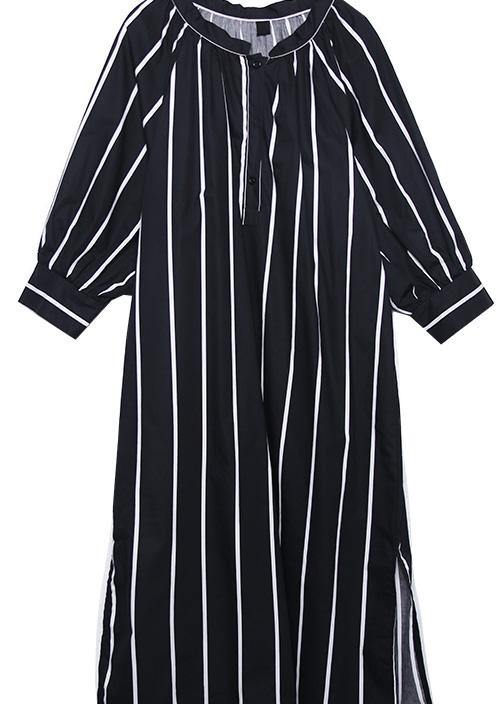 Simple O Neck Side Open Tunics Black Striped Cotton Robes Dress Summer