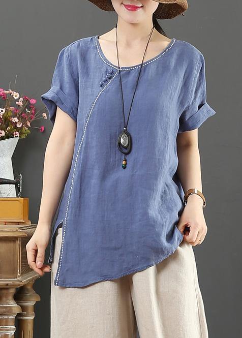 Simple O Neck Side Open Linen Summer Top Blue Cotton Tops