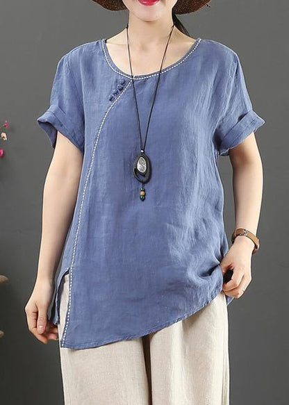 Simple O Neck Side Open Linen Summer Top Blue Cotton Tops