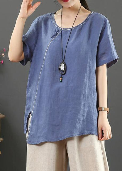 Simple O Neck Side Open Linen Summer Top Blue Cotton Tops