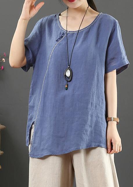Simple O Neck Side Open Linen Summer Top Blue Cotton Tops