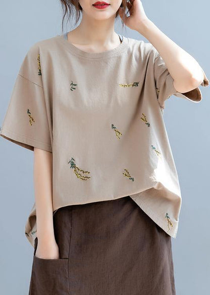 Simple O Neck Top Work Brown Embroidery Tops