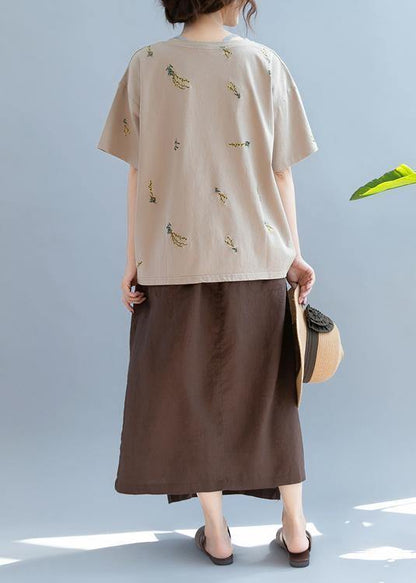 Simple O Neck Top Work Brown Embroidery Tops