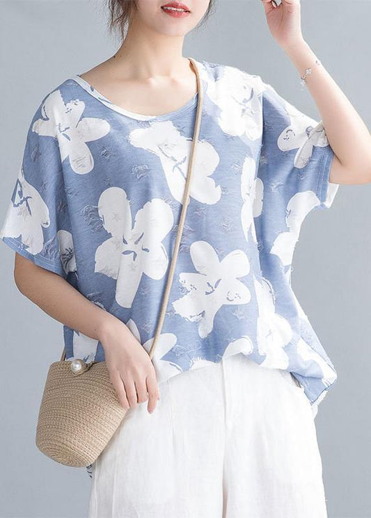 Simple O Neck Tunic Pattern Neckline Light Blue Print Tops