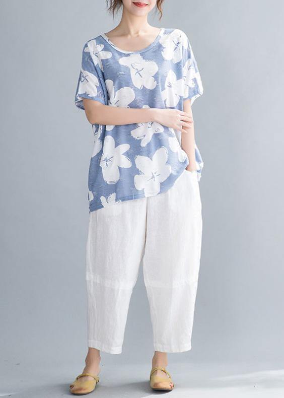 Simple O Neck Tunic Pattern Neckline Light Blue Print Tops