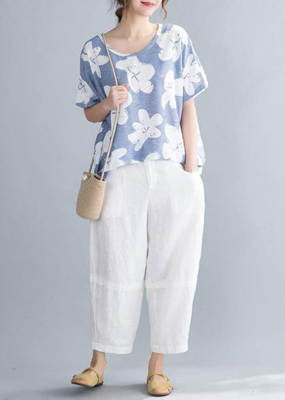 Simple O Neck Tunic Pattern Neckline Light Blue Print Tops