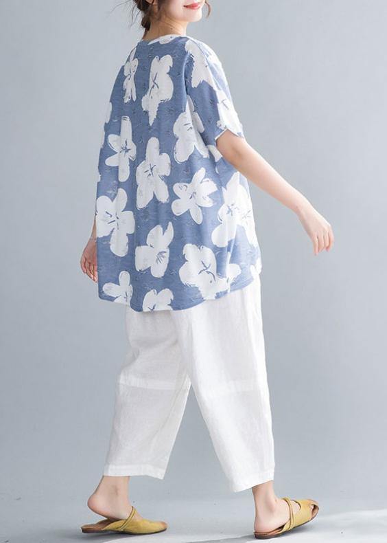Simple O Neck Tunic Pattern Neckline Light Blue Print Tops