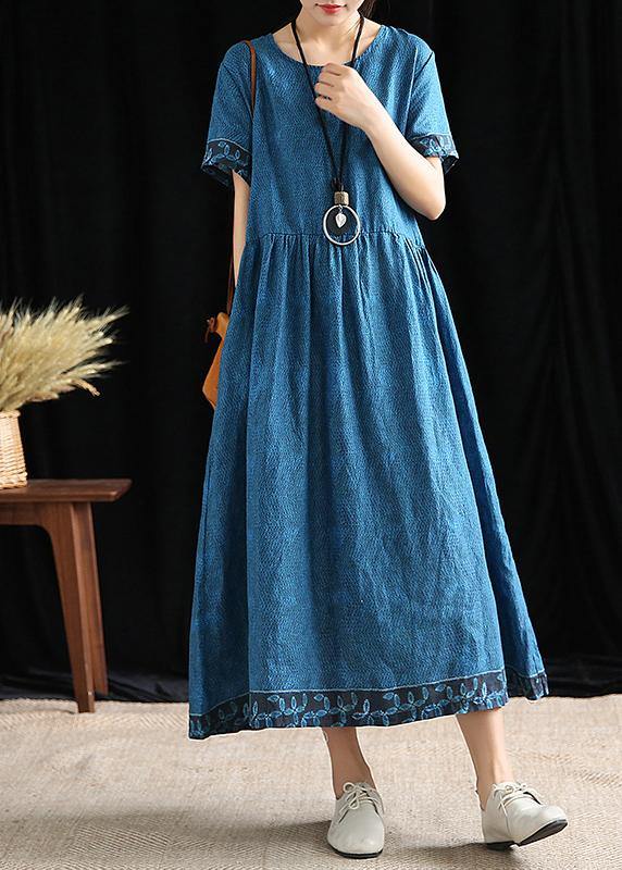 Simple O Neck Cinched Cotton Outfit Tutorials Blue Print Dresses