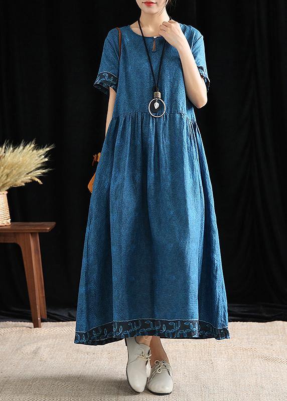 Simple O Neck Cinched Cotton Outfit Tutorials Blue Print Dresses