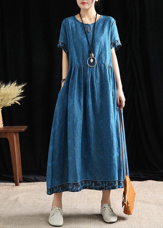 Simple O Neck Cinched Cotton Outfit Tutorials Blue Print Dresses