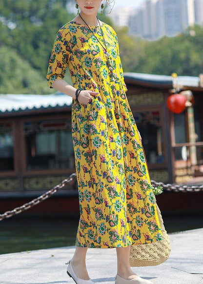 Simple O Neck Cinched Linen Yellow Print Dresses Summer