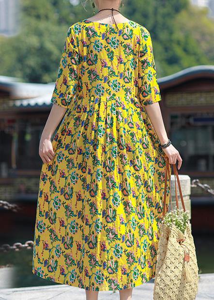 Simple O Neck Cinched Linen Yellow Print Dresses Summer