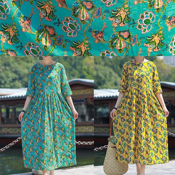 Simple O Neck Cinched Linen Yellow Print Dresses Summer