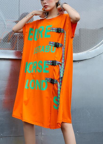 Simple Orange Print Cotton O Neck Stylish Baggy Summer Dresses
