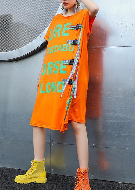 Simple Orange Print Cotton O Neck Stylish Baggy Summer Dresses
