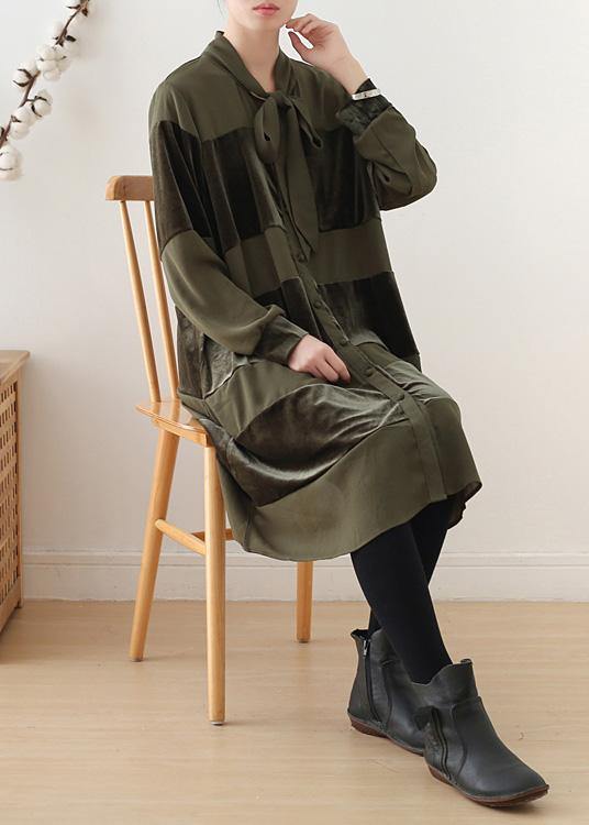 Simple Patchwork Bow Cotton Clothes Ideas Army Green Dresses Fall
