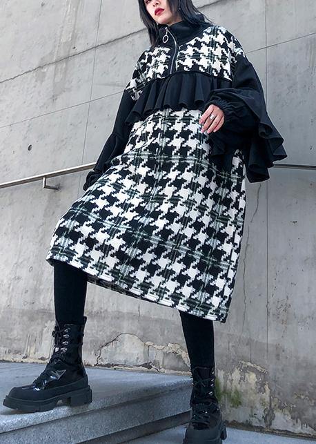 Simple Patchwork Cotton Dresses Stand Collar Ruffles Dresses