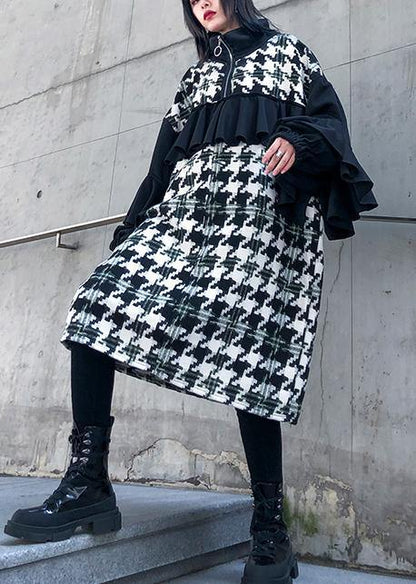 Simple Patchwork Cotton Dresses Stand Collar Ruffles Dresses