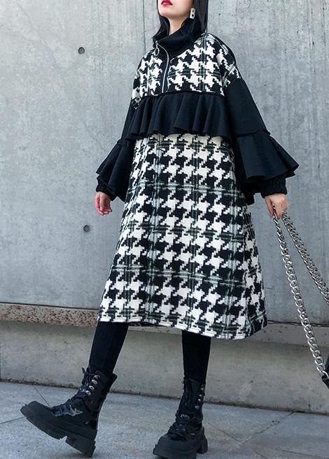 Simple Patchwork Cotton Dresses Stand Collar Ruffles Dresses
