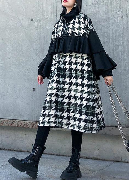 Simple Patchwork Cotton Dresses Stand Collar Ruffles Dresses
