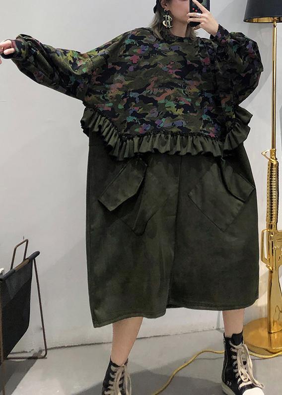 Simple Patchwork Camouflage Tunics for O Neck Ruffles Dresses