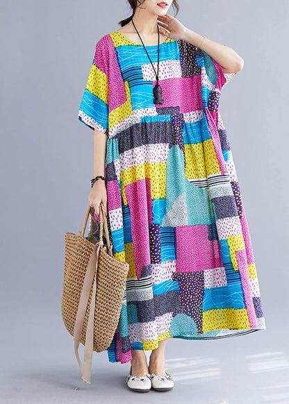 Simple Patchwork Color Cotton Dresses Inspiration Rose O Neck Cotton Robes Dress Summer
