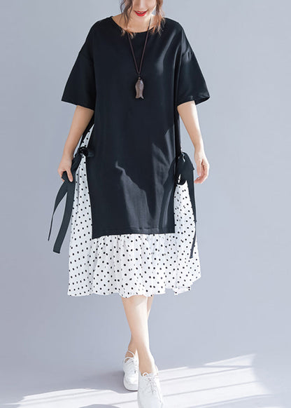 Simple Patchwork False Two Pieces Cotton Linen Clothes Stylish Work Black Maxi Dresses Summer