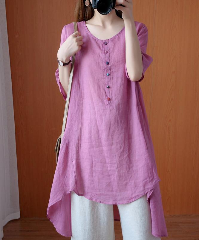 Simple Pink Clothes for O Neck Asymmetric Midi Blouse