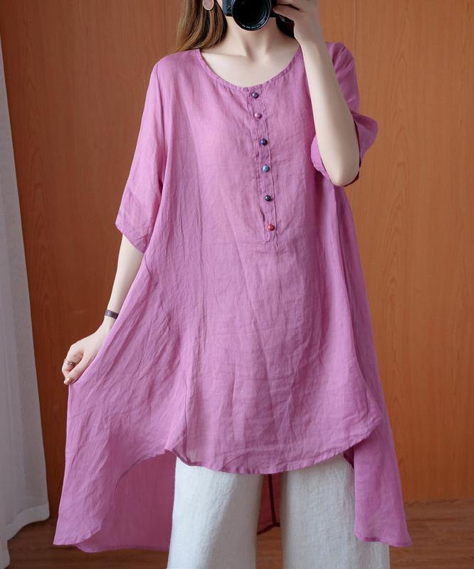 Simple Pink Clothes for O Neck Asymmetric Midi Blouse