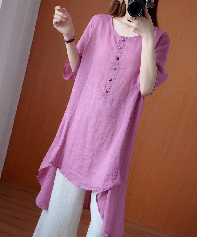 Simple Pink Clothes for O Neck Asymmetric Midi Blouse