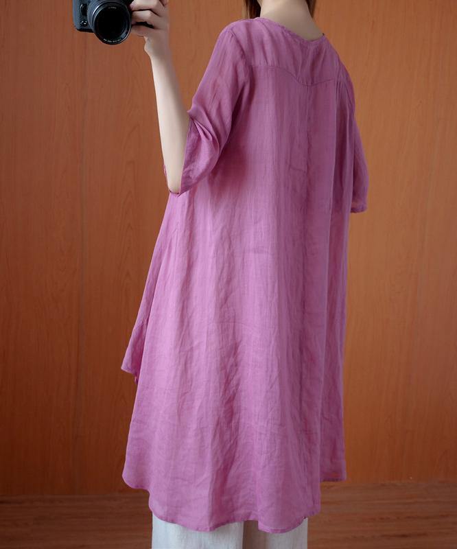 Simple Pink Clothes for O Neck Asymmetric Midi Blouse