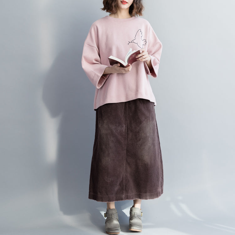 Simple Pink Cotton Blouses for Fitted Tunic Tops Cotton Spring O Neck Shirt