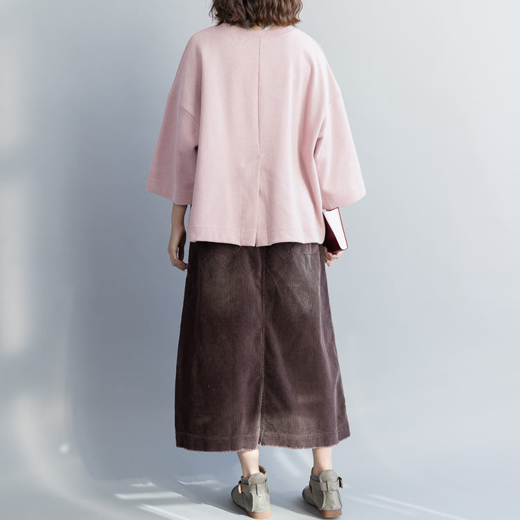 Simple Pink Cotton Blouses for Fitted Tunic Tops Cotton Spring O Neck Shirt