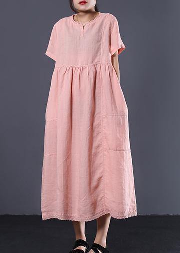 Simple Pink High Waist Linen Wardrobes V Neck Kaftan Summer Dress