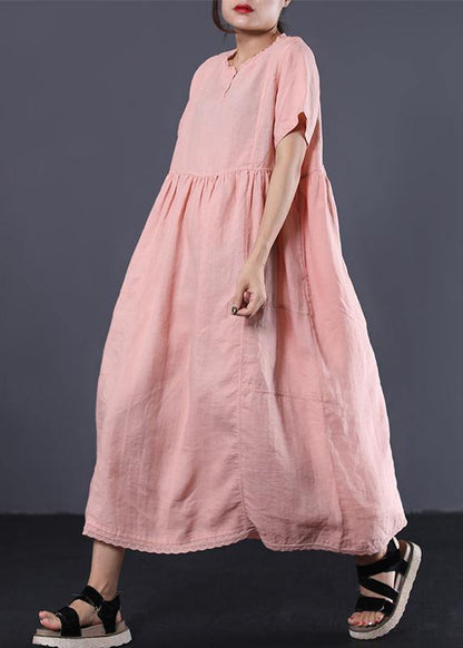 Simple Pink High Waist Linen Wardrobes V Neck Kaftan Summer Dress