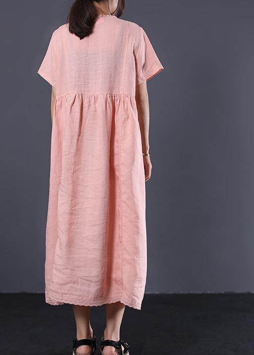 Simple Pink High Waist Linen Wardrobes V Neck Kaftan Summer Dress