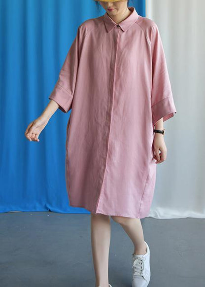 Simple Pink Linen Dress Flare Sleeve Cotton Fall Dress