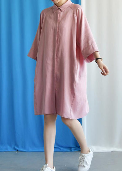 Simple Pink Linen Dress Flare Sleeve Cotton Fall Dress