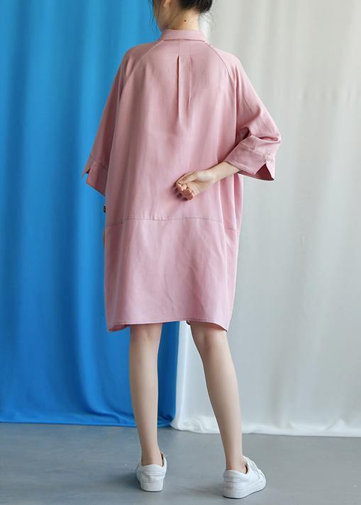Simple Pink Linen Dress Flare Sleeve Cotton Fall Dress