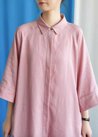 Simple Pink Linen Dress Flare Sleeve Cotton Fall Dress