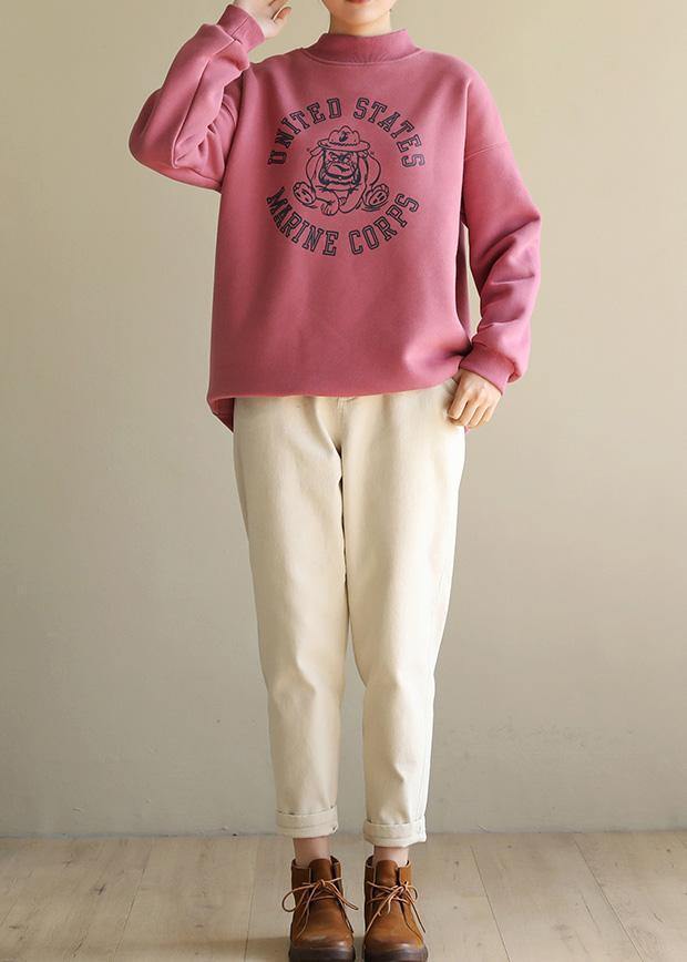 Simple Pink Prints Cotton Shirts Half High Neck Short Spring Sweatshirt