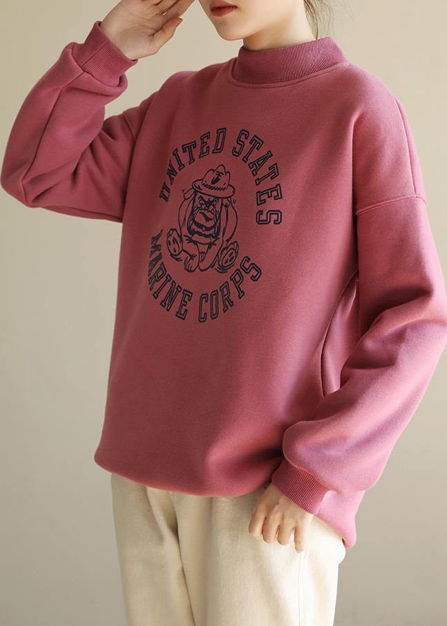 Simple Pink Prints Cotton Shirts Half High Neck Short Spring Sweatshirt