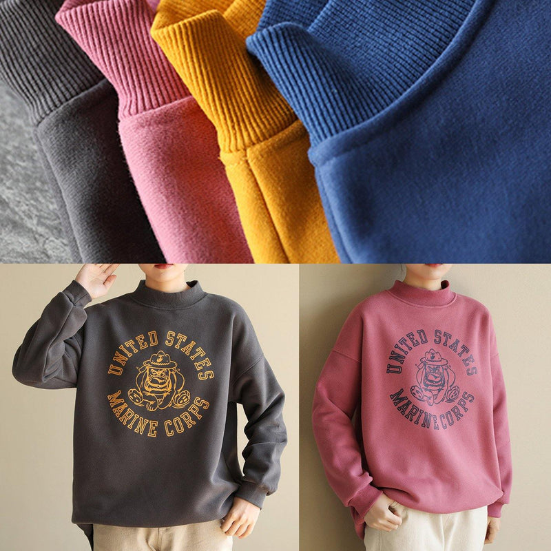 Simple Pink Prints Cotton Shirts Half High Neck Short Spring Sweatshirt