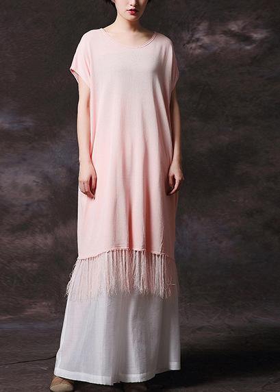 Simple Pink Tassel Cotton Long Shirts O Neck Loose Summer Dress