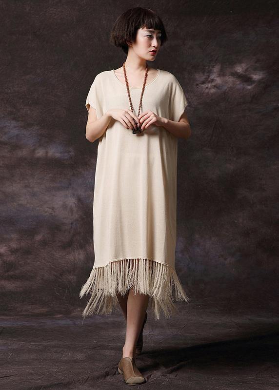 Simple Pink Tassel Cotton Long Shirts O Neck Loose Summer Dress