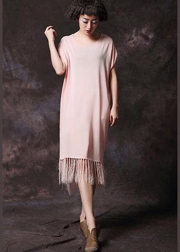 Simple Pink Tassel Cotton Long Shirts O Neck Loose Summer Dress