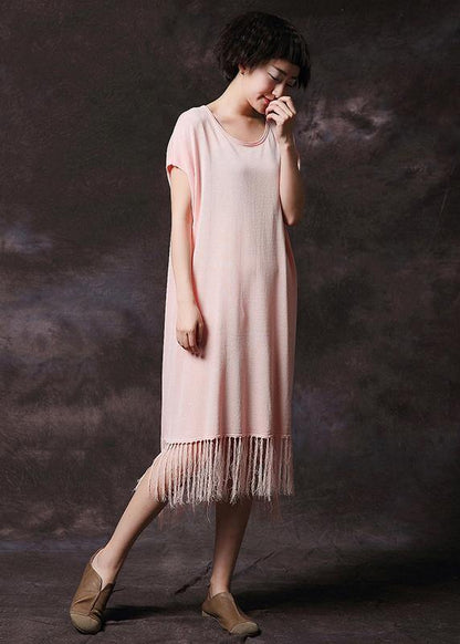 Simple Pink Tassel Cotton Long Shirts O Neck Loose Summer Dress